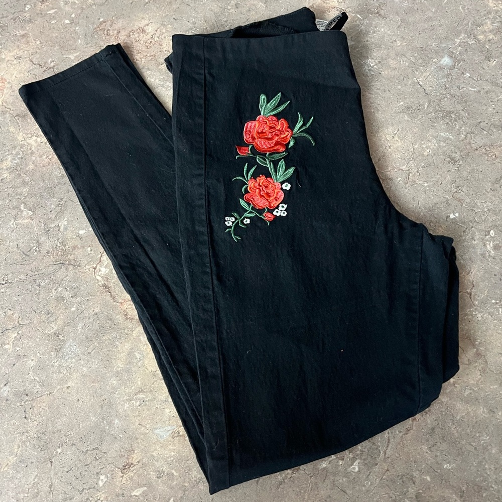 H&M Black Jeans with Red Floral Embroidery
